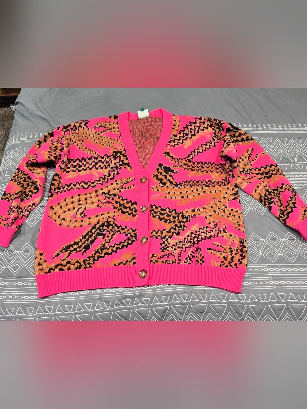 Farm Rio Pink Croco Knit Oversized Cardigan Size Medium